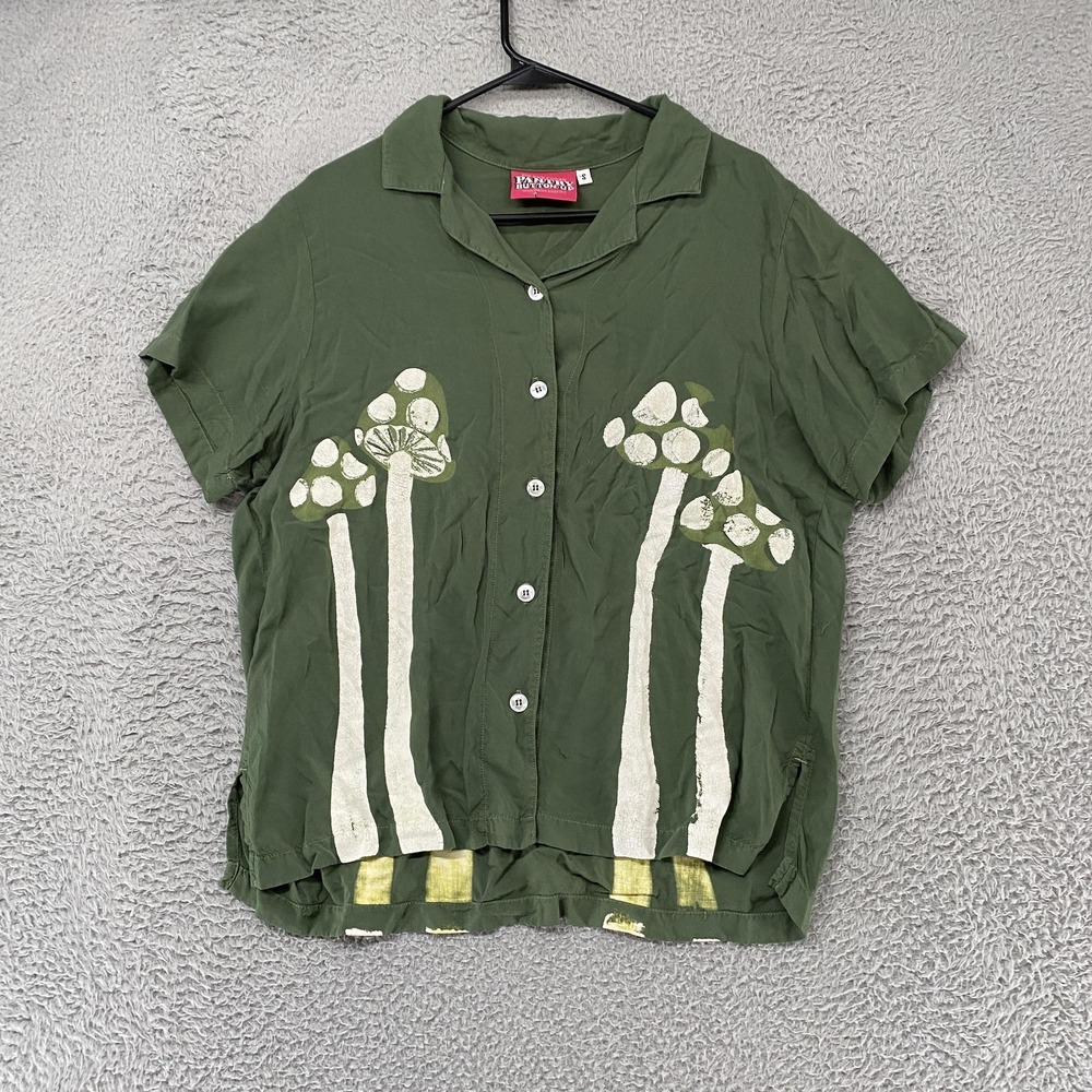 Big Bud Press Pantry Button Up Shirt Womens Small Green Mushroom Boxy Relaxed‎